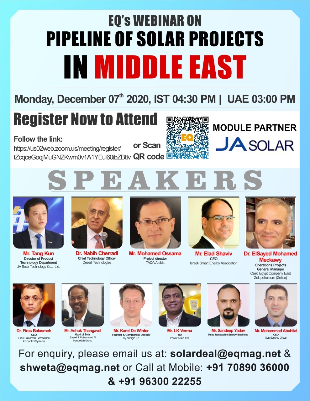 EQ Webinar on Pipeline of Solar Projects in Middle East on Monday December 07th from 04:30 PM Onwards….Register Now !!! – EQ Mag Pro