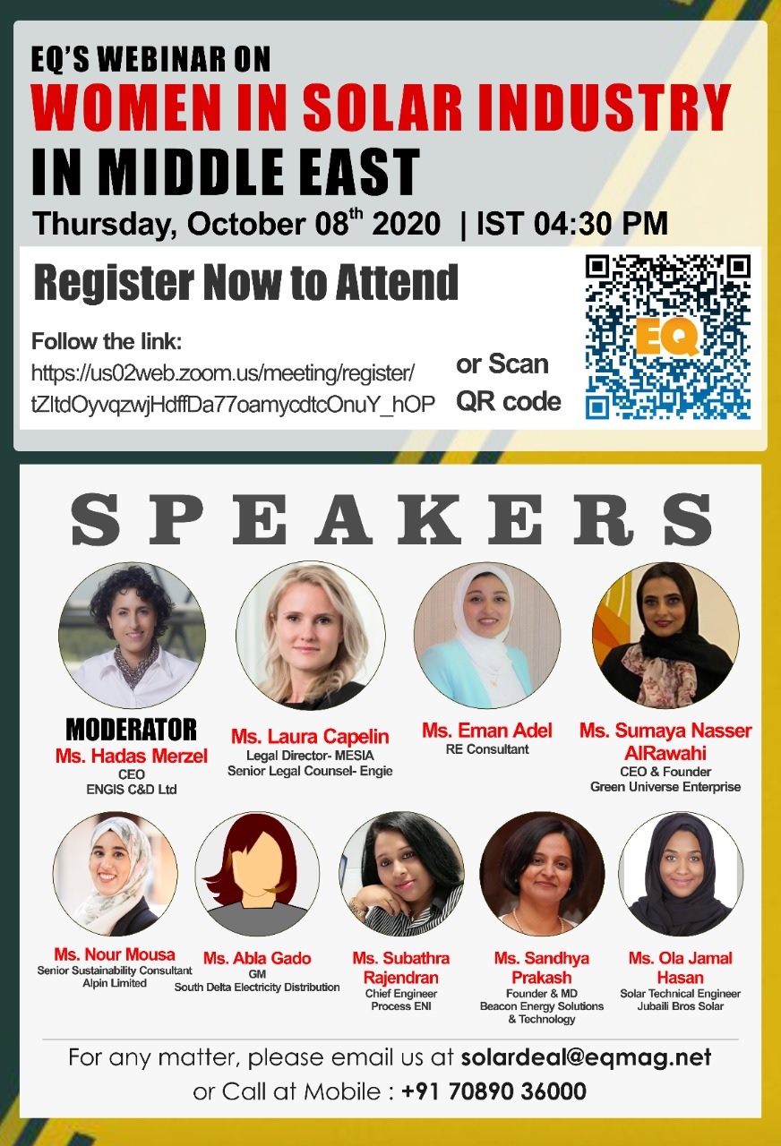 EQ Webinar on Women in Solar Industry in Middle East on Thursday October 8th from 04:30 PM Onwards….Register Now !!! – EQ Mag Pro