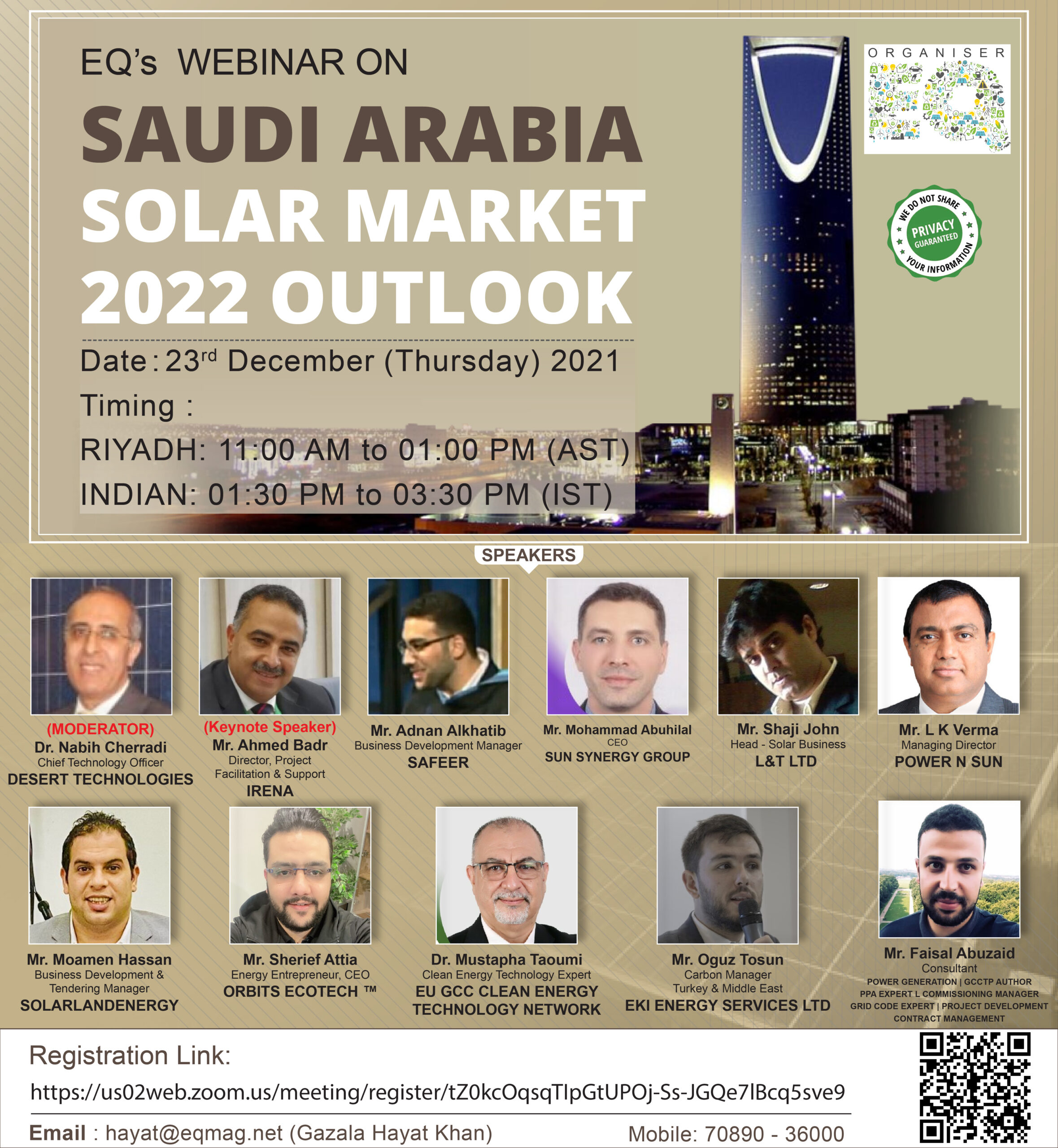 EQ Webinar on Saudi Arabia 2022 Solar Market Outlook 23rd December 2021(Thursday) From 11:00 AM Onwards….Registered Now !!!