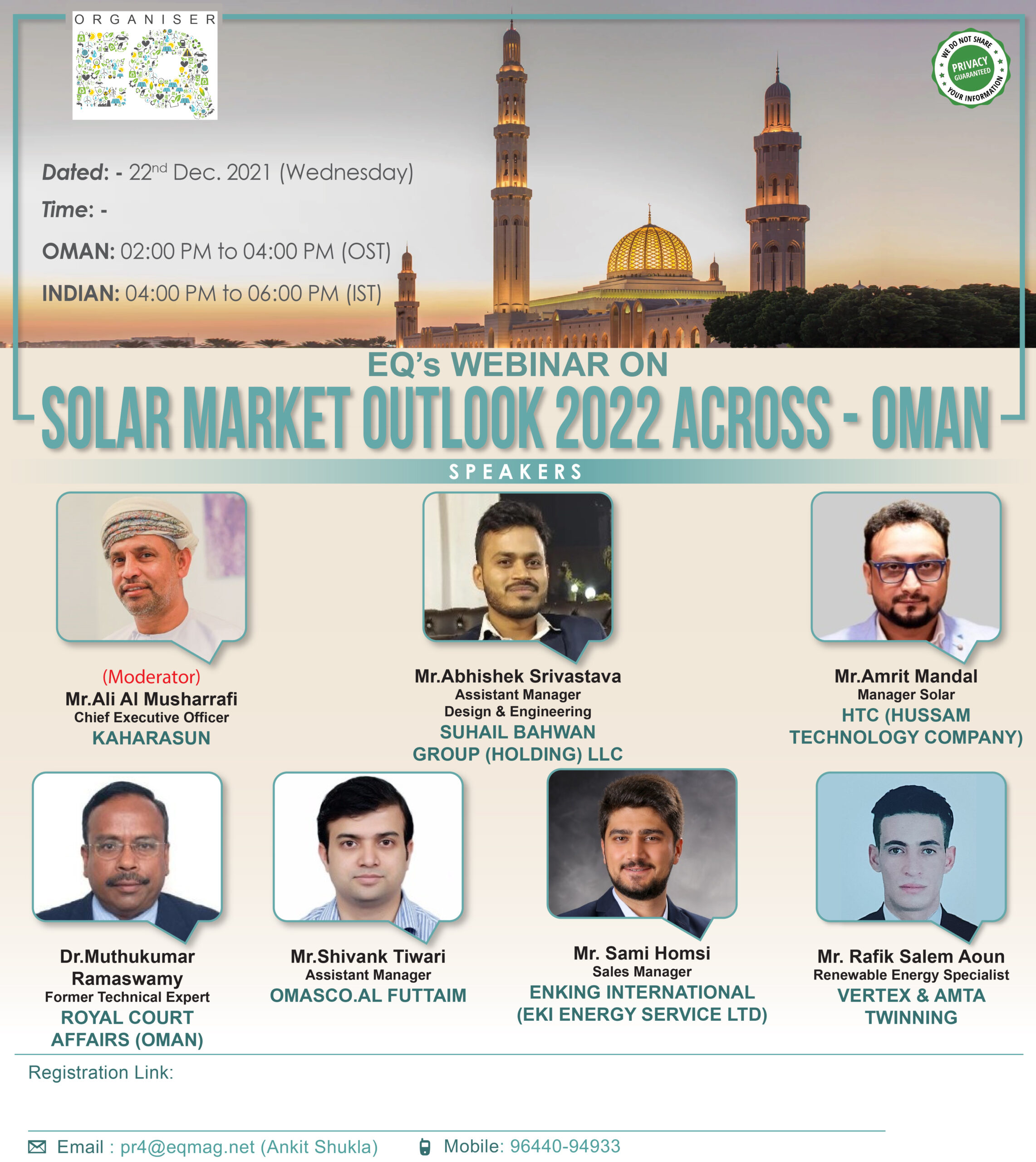 EQ Webinar on Oman 2022 Solar Market Outlook 22nd December 2021(Wednesday) From 11:00 AM Onwards….Registered Now !!!