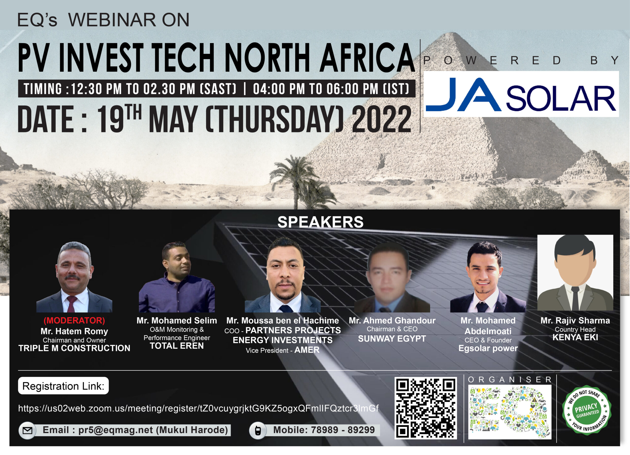 EQ Webinar on North Africa PV InvestTech Powered by JA Solar 19th May 2022 (Thursday) 4:00 PM Onwards….Register Now!