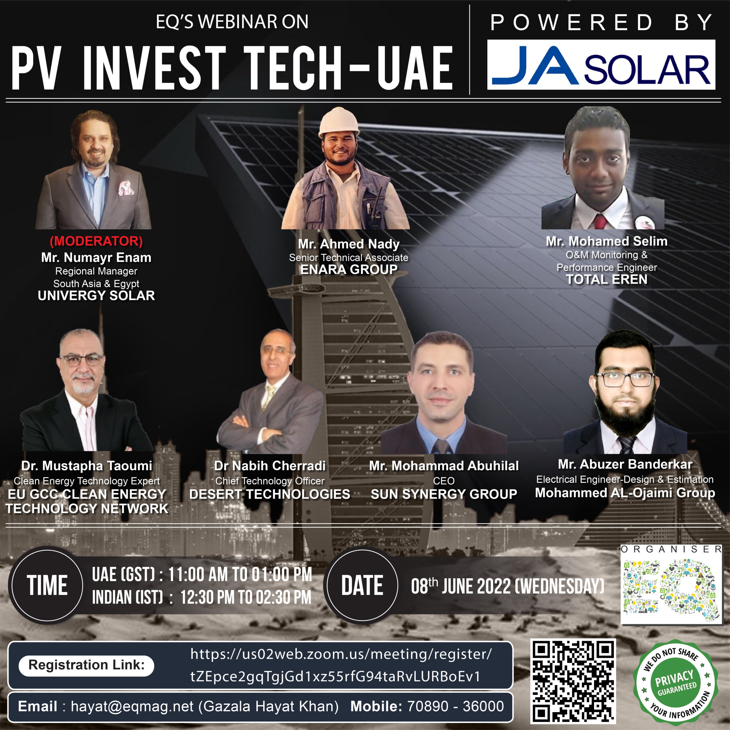 EQ Webinar on UAE PV InvesTech Powered by JA Solar 8th June 2022 (Wednesday) 12:30 PM Onwards….Register Now!