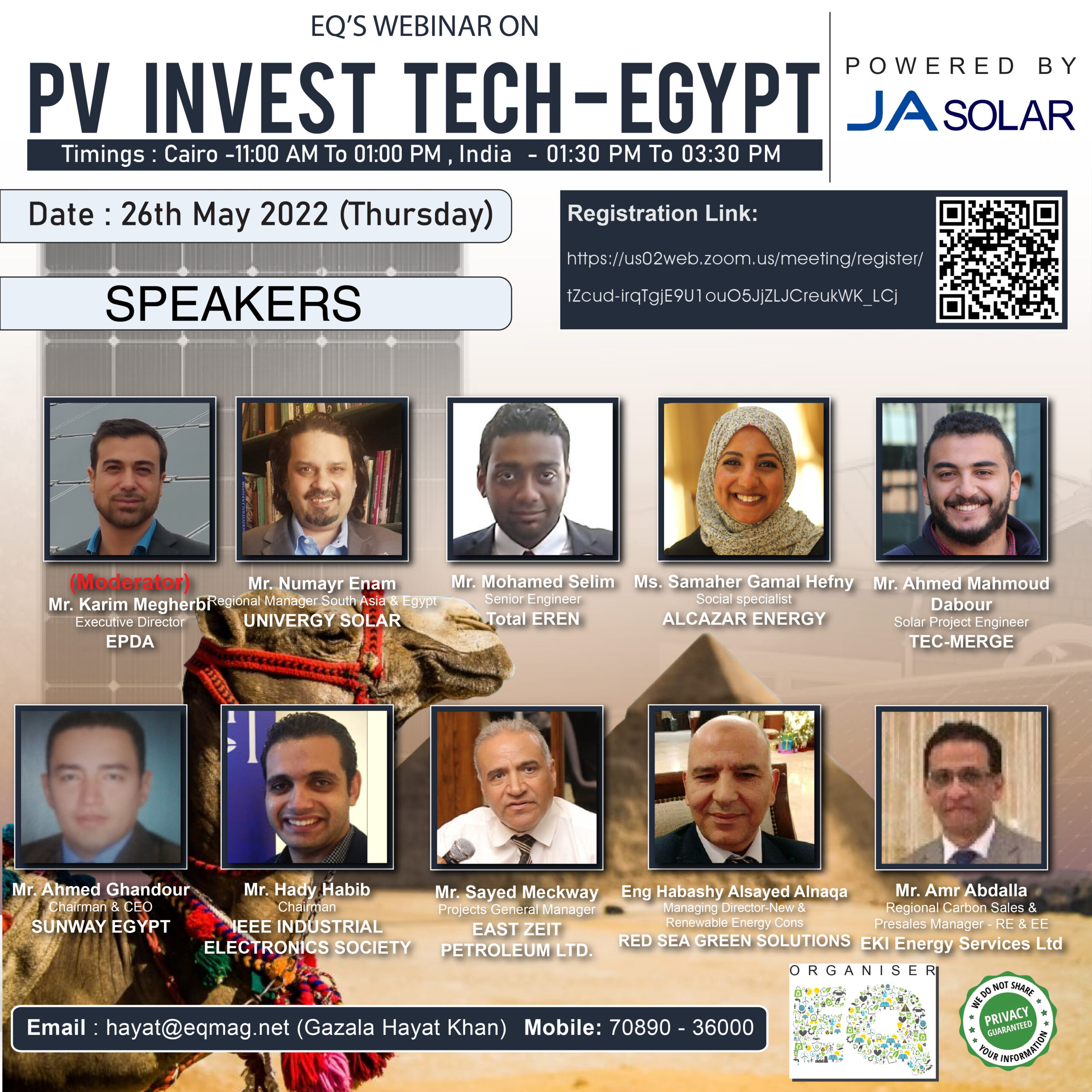 EQ Webinar on Egypt PV InvesTech Powered by JA SOLAR 26th May 2022 (Thursday) 2:30 PM Onwards….Register Now!