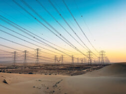 High,Voltage,Electric,Tower,On,Sunrise,Time,Near,Al,Hofuf